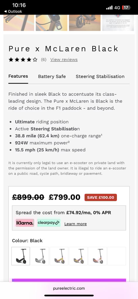 Electric Scooter Pure x Mclaren Black £230 bought for £799 in March…
