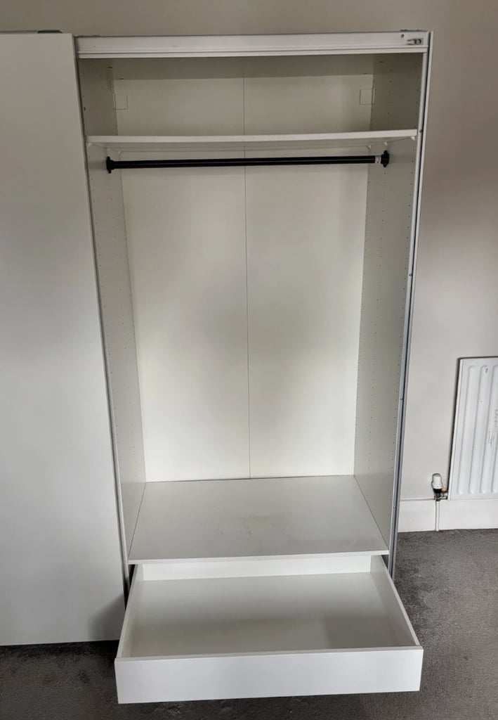 IKEA White Sliding Door Wardrobe with 2 Rails, 3 Drawers & 5 shelves FREE DELIVERY 050