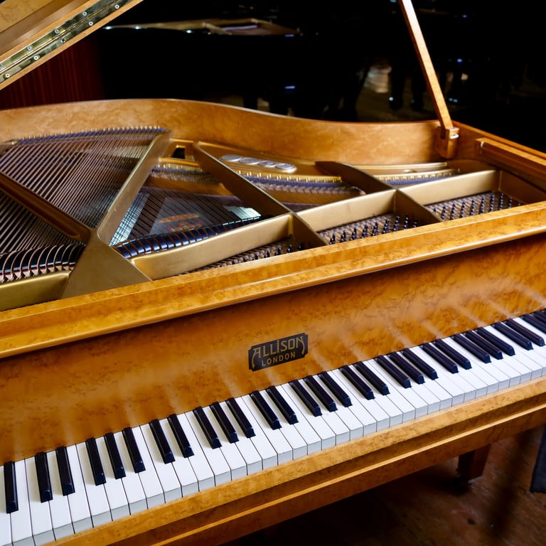 Art Deco Allison Baby Grand Piano Bird Eye Case | Delivery, Tuning, Warranty, Stool