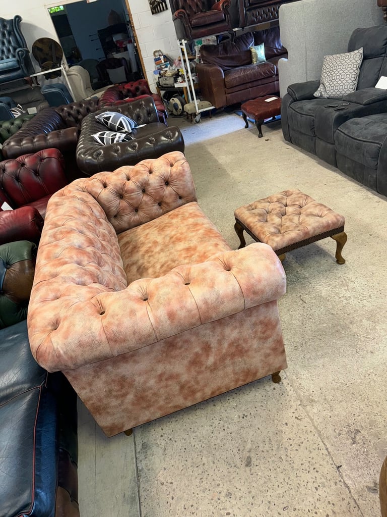 Chesterfield brown leather unique two seater sofa with footstool