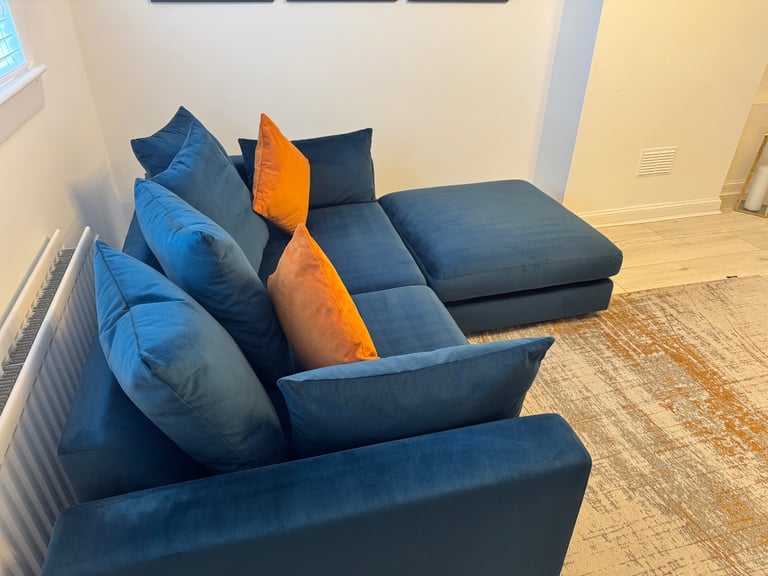 Plush Velvet Dark Blue Pillow Back 3 Seater Sofa, Large Dark Blue Footstool and Orange Accent Chair