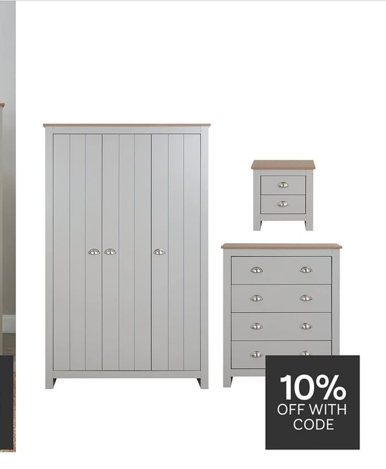 image for Atlanta 3 Piece Package - 3 Door Wardrobe, 4 Drawer Chest and 2 Drawer Bedside Table - Grey/Oak
