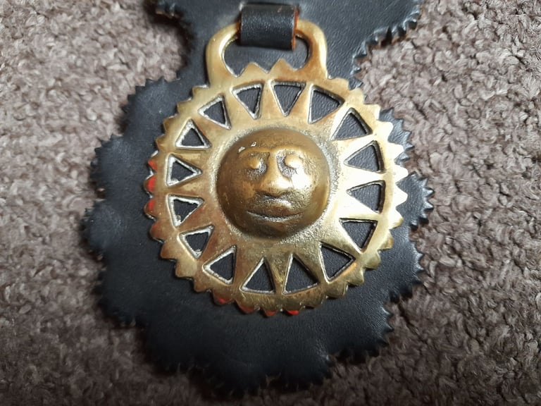 5 Vintage & Antique Brass Horse medallions on leather strap - bridle decoration