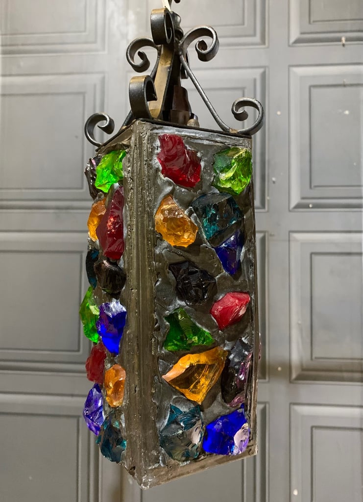 SOLD Pair of Vintage Mid Century Peter Marsh Leaded Rock Glass & Wrought Iron Lantern Lamps 50s 70s