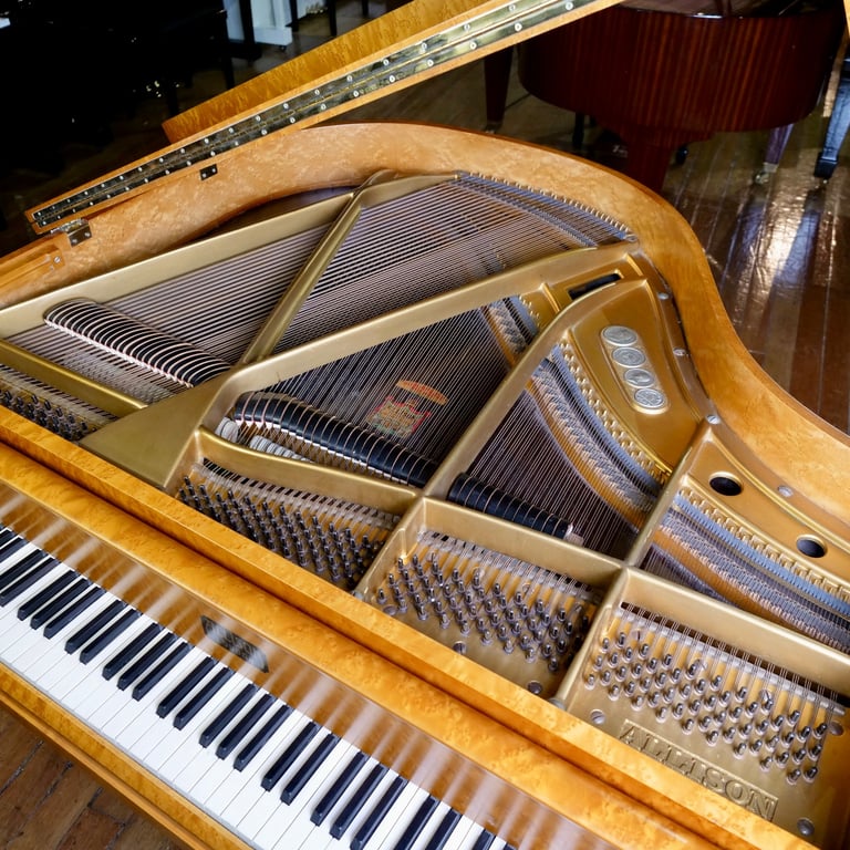 Art Deco Allison Baby Grand Piano Bird Eye Case | Delivery, Tuning, Warranty, Stool