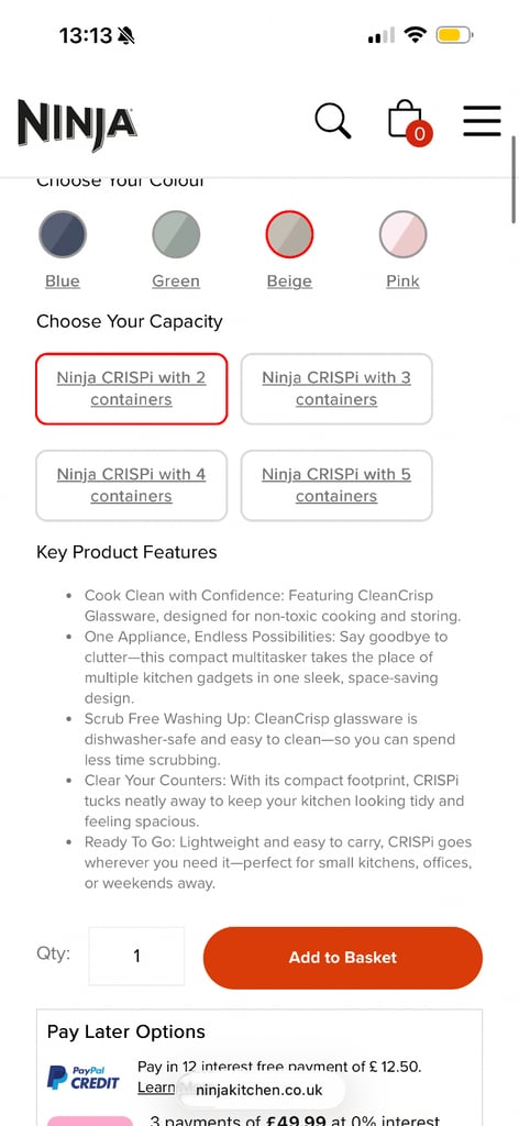 Ninja CRISPi 4-in-1 Portable Glass Air Fryer - Stone