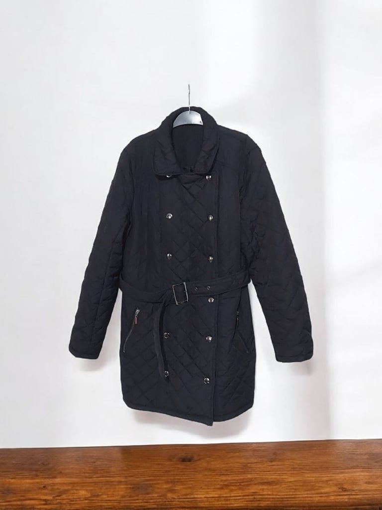 Black Quilted Trench Coat With Belt And Double Breasted Button Closure Size 14