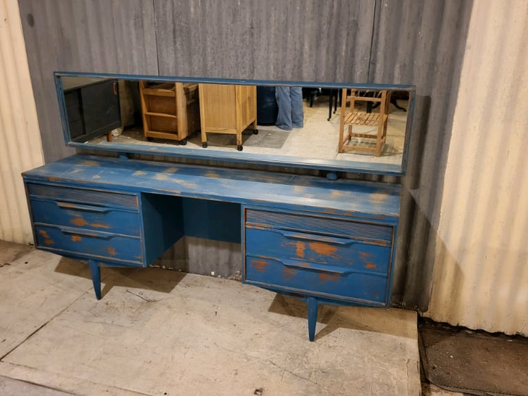 Mirror and dressing table painted blue mid century