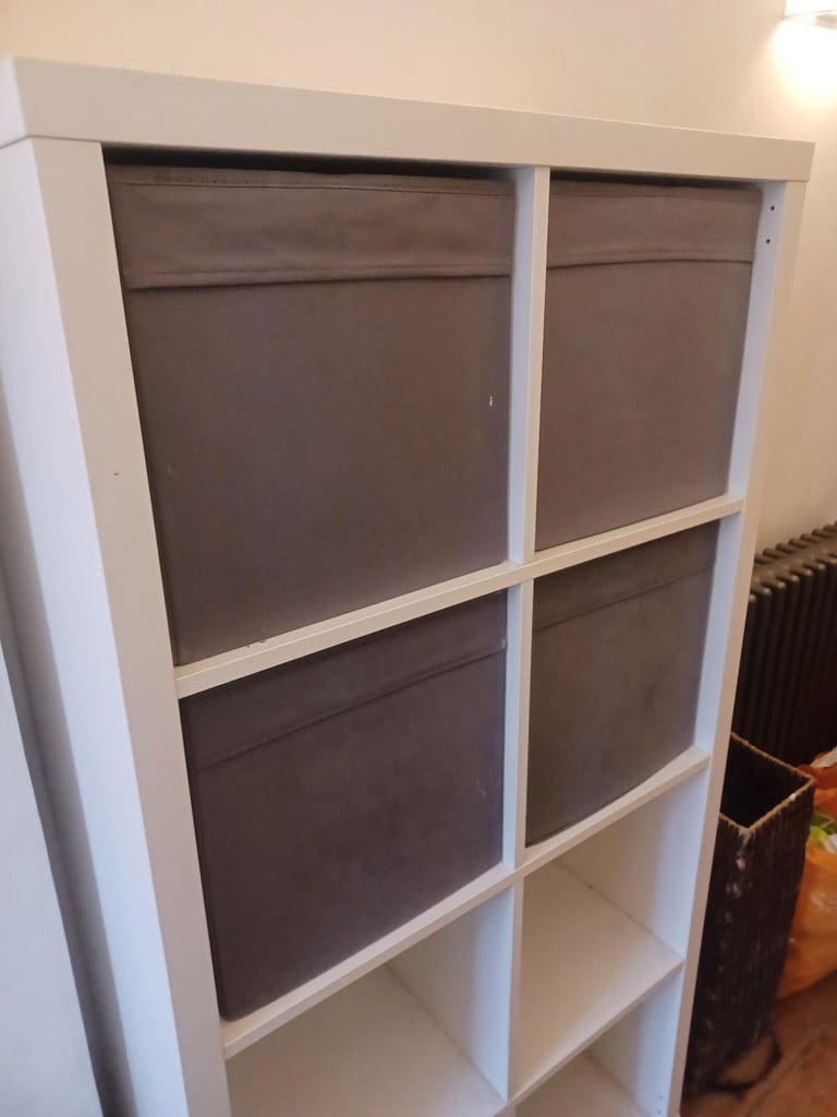 IKEA white 3 x 2 storage unit, with boxes 