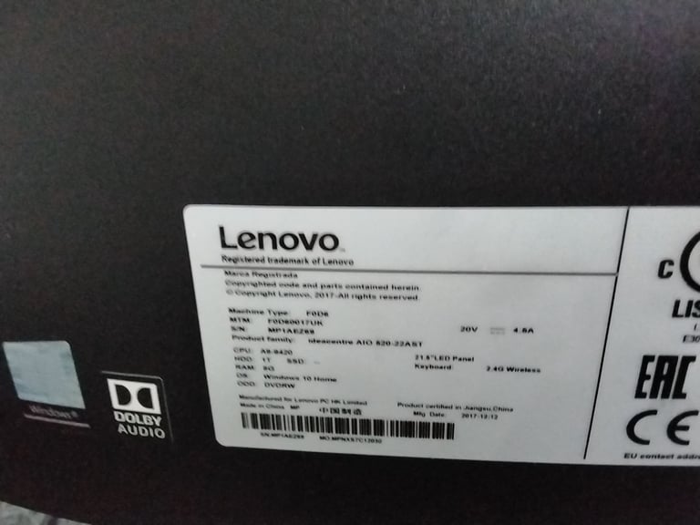 Lenovo Ideacentre 520 AIO PC , AMD RAEDON, 8GB Ram, 1TB HDD