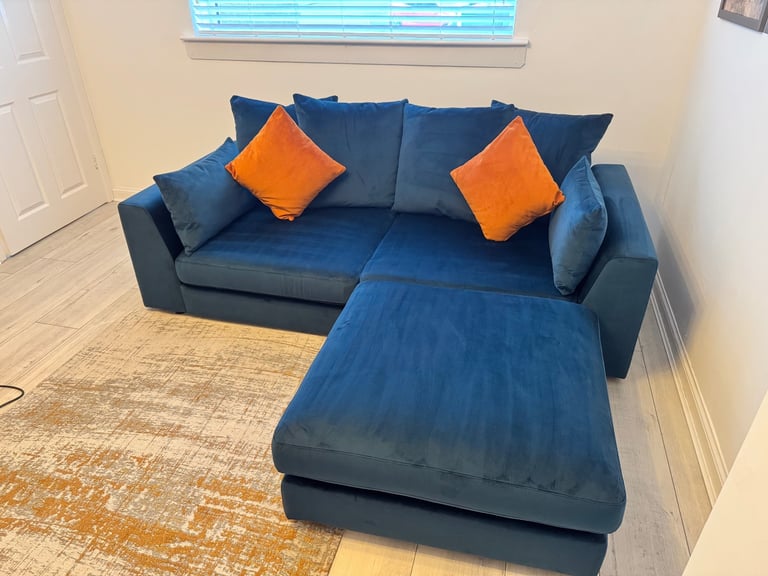 Plush Velvet Dark Blue Pillow Back 3 Seater Sofa, Large Dark Blue Footstool and Orange Accent Chair