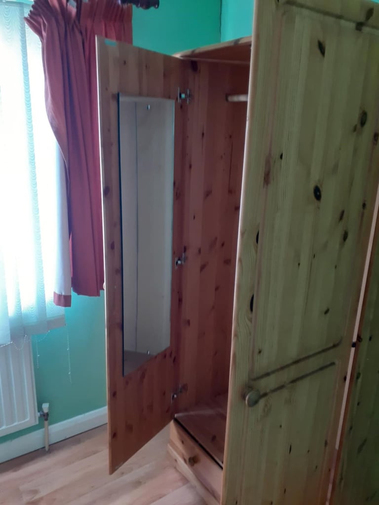 Solid Pine Double Door & Drawer Wardrobe with Mirror
