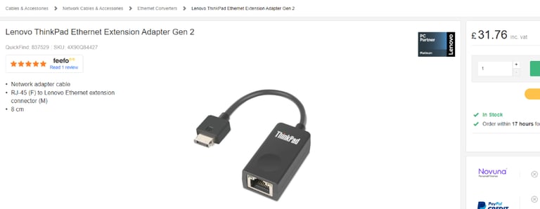 NEW Lenovo ThinkPad Ethernet Extension Adapter Gen 2 RRP £32