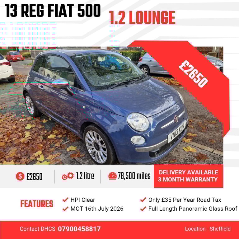 2013 Fiat 500 1.2 Lounge 3dr [Start Stop] HATCHBACK Petrol Manual