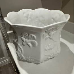 Very Large White Decorated & Glazed Planter