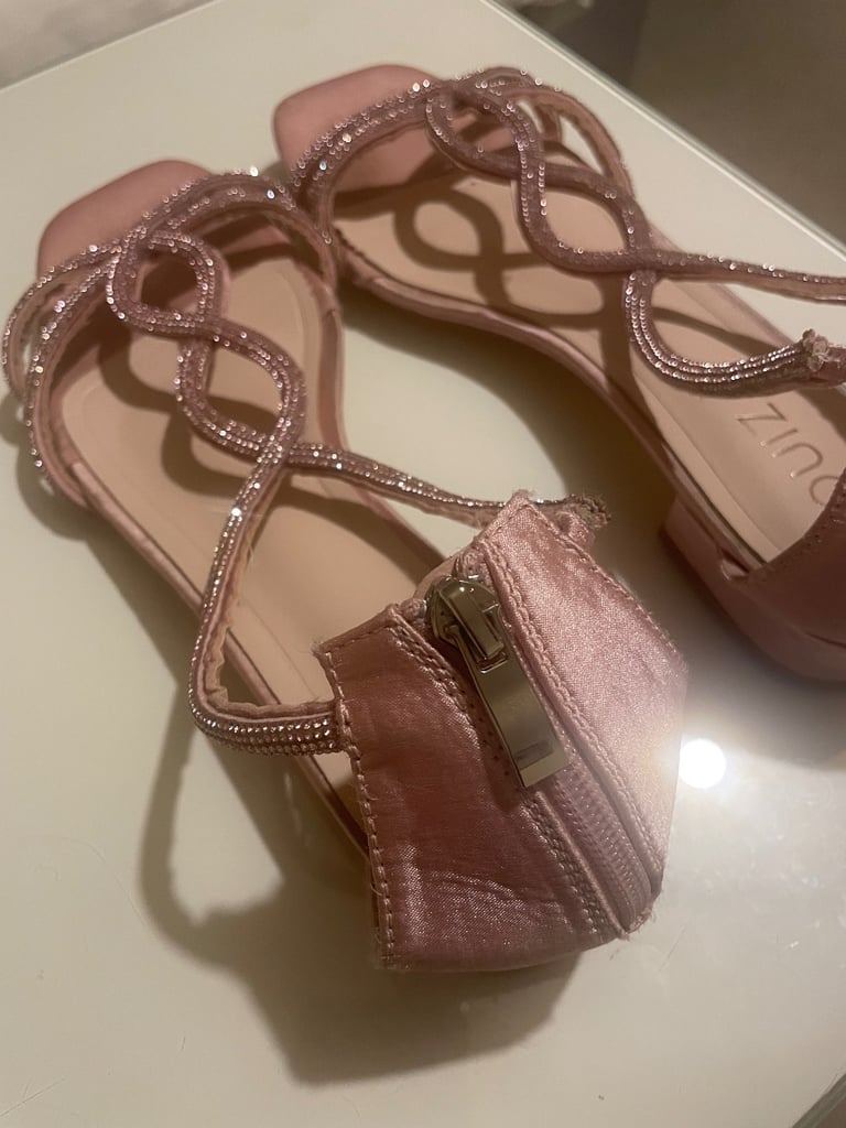 Pink satin diamonte t-strap flat sandal