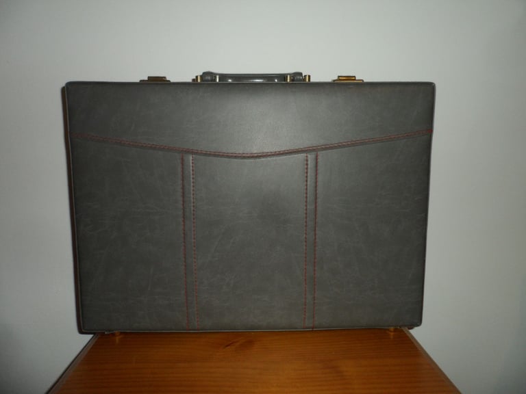 image for GREY HARDSHELL ATTACHE CASE BRIEFCASE WITH RED STITCHING - FAUX LEATHER