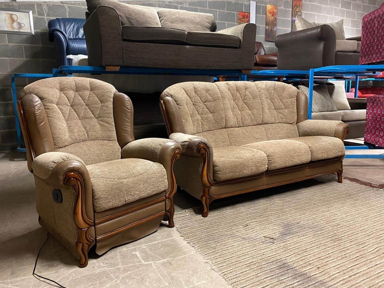 Brown Fabric 3 Seater Sofa and ELECTRIC RECLINER Chair 