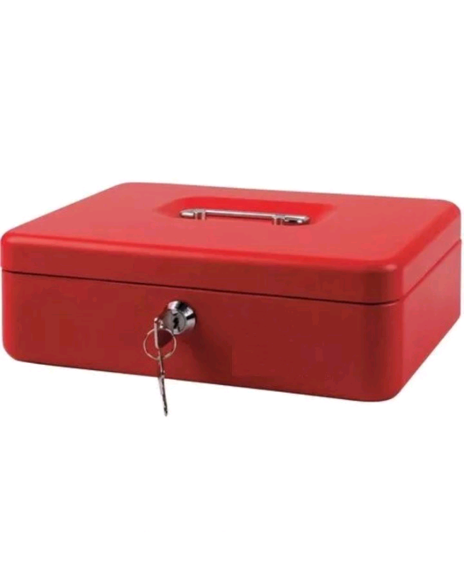 12" red metal cash box.