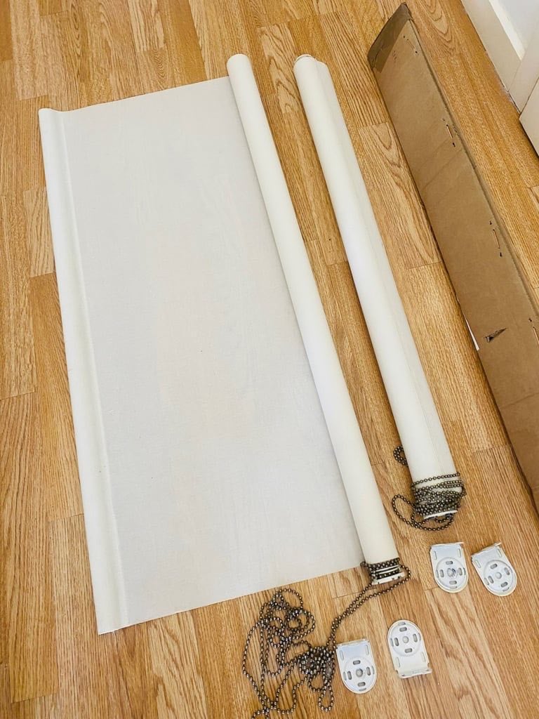 2 x large off white canvas roller blinds window curtains (220cm drop x 90 / 100cm width)