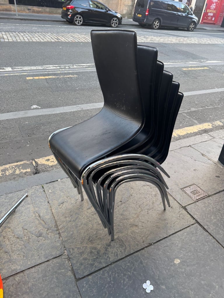 image for 6x Black Leather Dining Chairs with Silver Legs