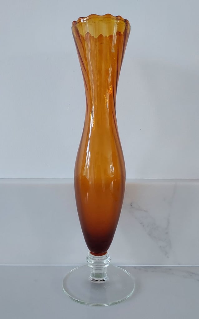 Vintage Amber Glass Bud Vase Clear Foot 25 cm Tall