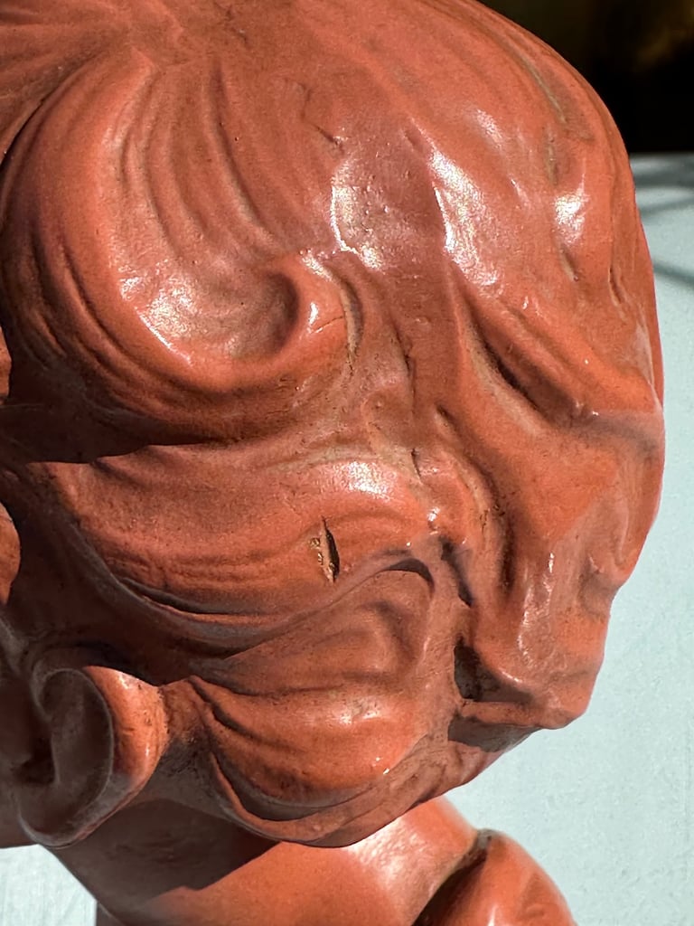 ANTIQUE FRENCH PLASTER BUST OF A YOUNG BOY, PAINTED CHALKWARE STATUE, 27cm tall - 1900s - WILL POST!