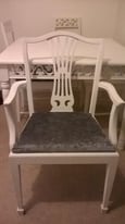 White Professionally Upcycled Pretty Carved Chair with Arms + Silver Grey Crushed Velvet Seat Pad