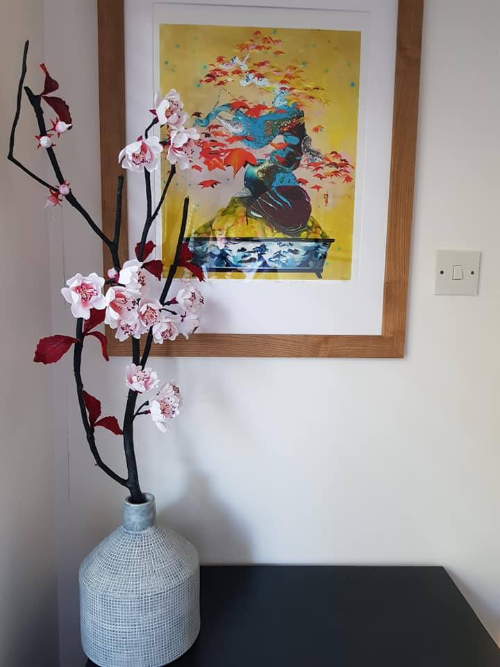 Hand Crafted Bespoke Crepe Paper Cherry Blossom Branch - Pinks/Red/black Colour 