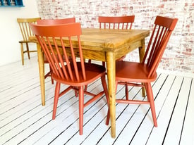 Extendable Mid-Century Rustic Modern Folding Dining Table and Painted Spindle Chair Dining Set