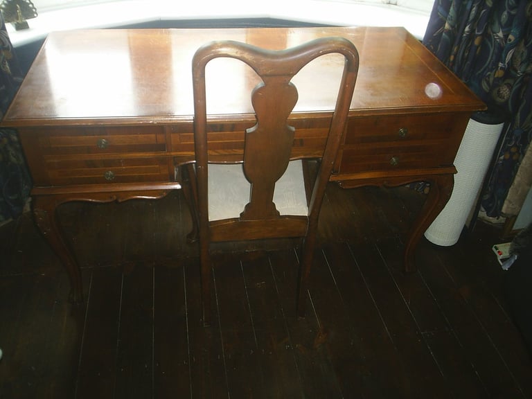 Writing Desk & Chair. Queen Ann Style 5 Drawer Walnut Desk & High Back Padded Chair 