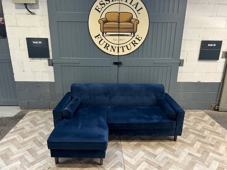 Blue velvet L shape sofa, FREE DELIVERY 