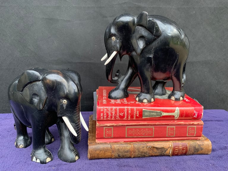 Pair Antique Anglo Indian 20th Century Black Ebony Wood Elephants