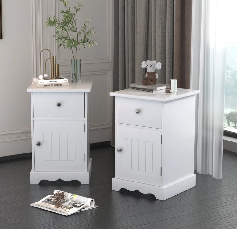 White 1 Drawer and 1 Door Bedside Tables Nightstand X 2