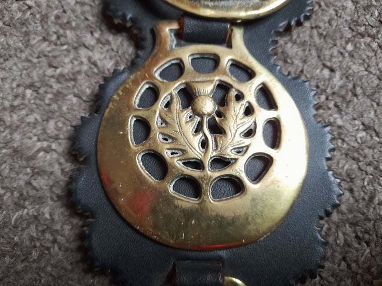 5 Vintage & Antique Brass Horse medallions on leather strap - bridle decoration