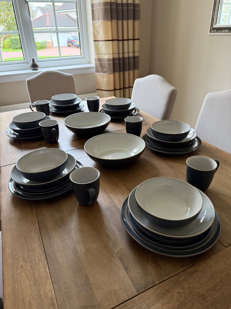 image for Denby ‘Elements’ Fossil Grey dinner set, six place settings plus pasta bowls, serving bowls & mugs.