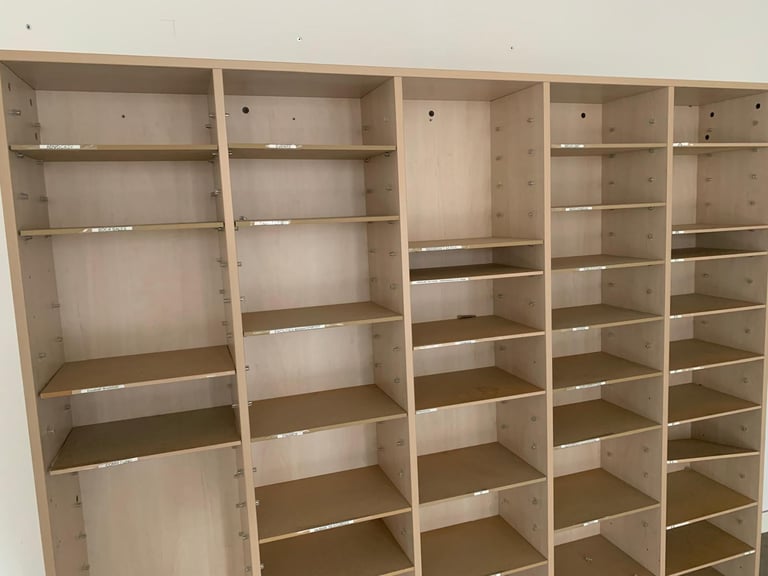 Used Pigeon hole storage unit wooden h 190cm x w 186cm x d 27cm