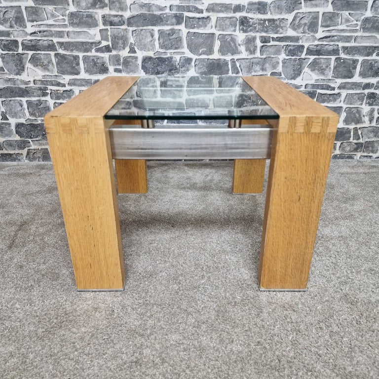 Modern Oak & Glass Side Table with Brushed Steel Detail
