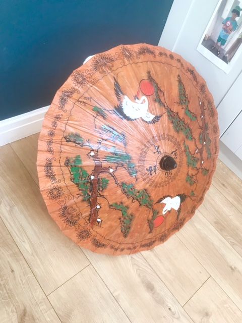 VINTAGE RICE PAPER PARASOL, BAMBOO, ORIENTAL, UMBRELLA 