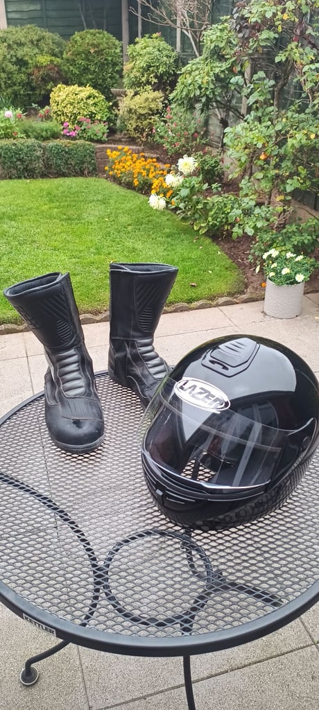 image for MOTORCYCLE CRASH HELMET AND BOOTS.