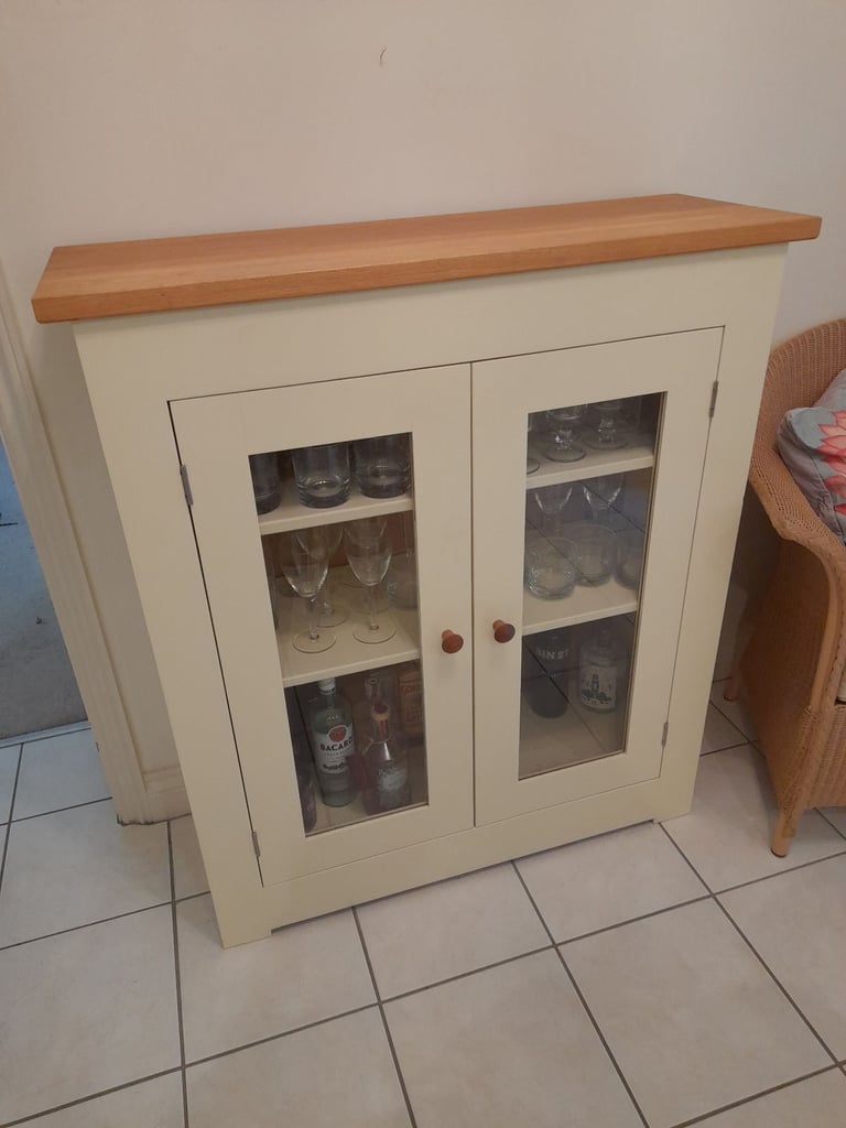 image for Glass fronted 2 door display cream cabinet with oak top