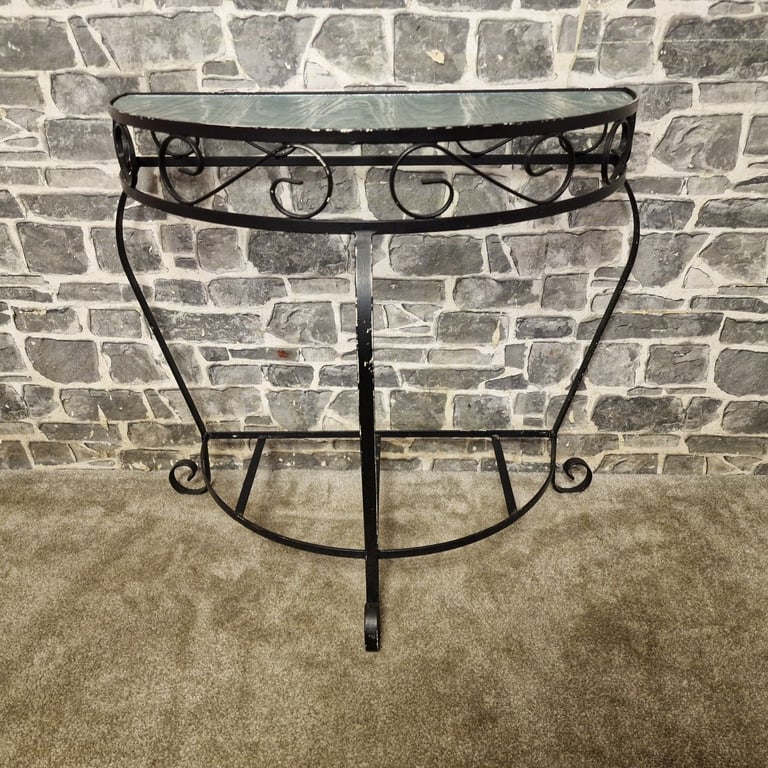 Wrought Iron & Glass Half Moon Console Table – Missing Bottom Glass