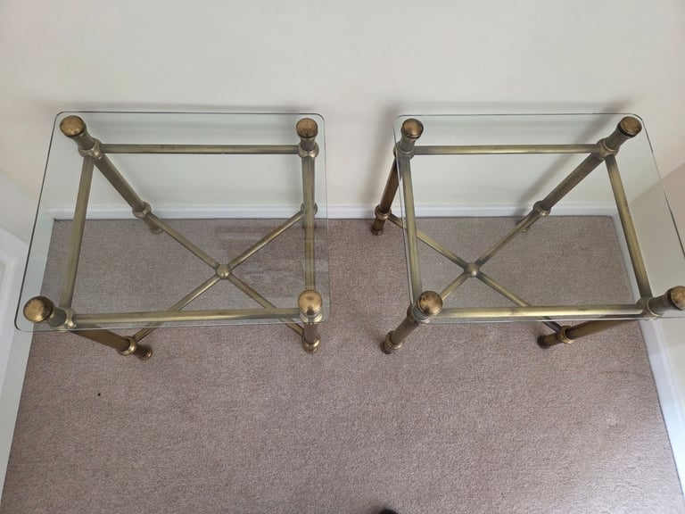 image for 2 x side tables with glass top, brass legs