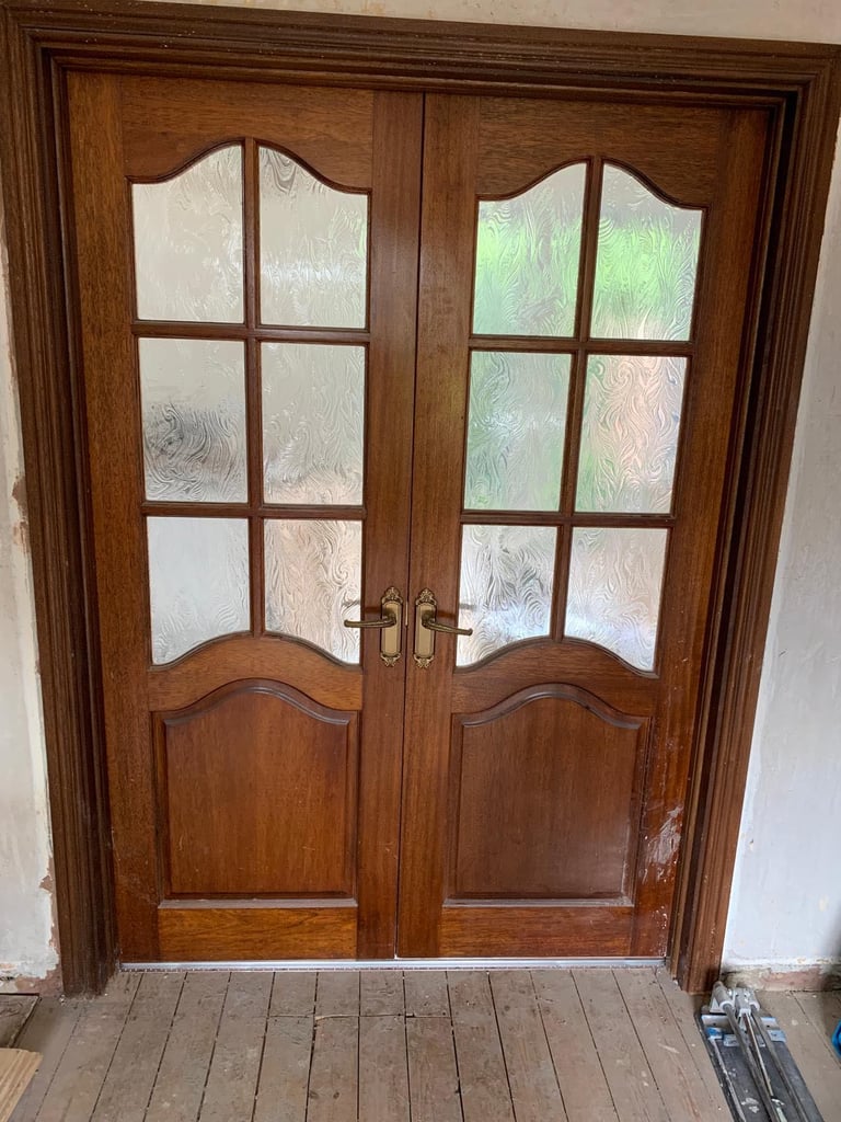 image for 4 Brown wooden doors with glass panels, can sell individually