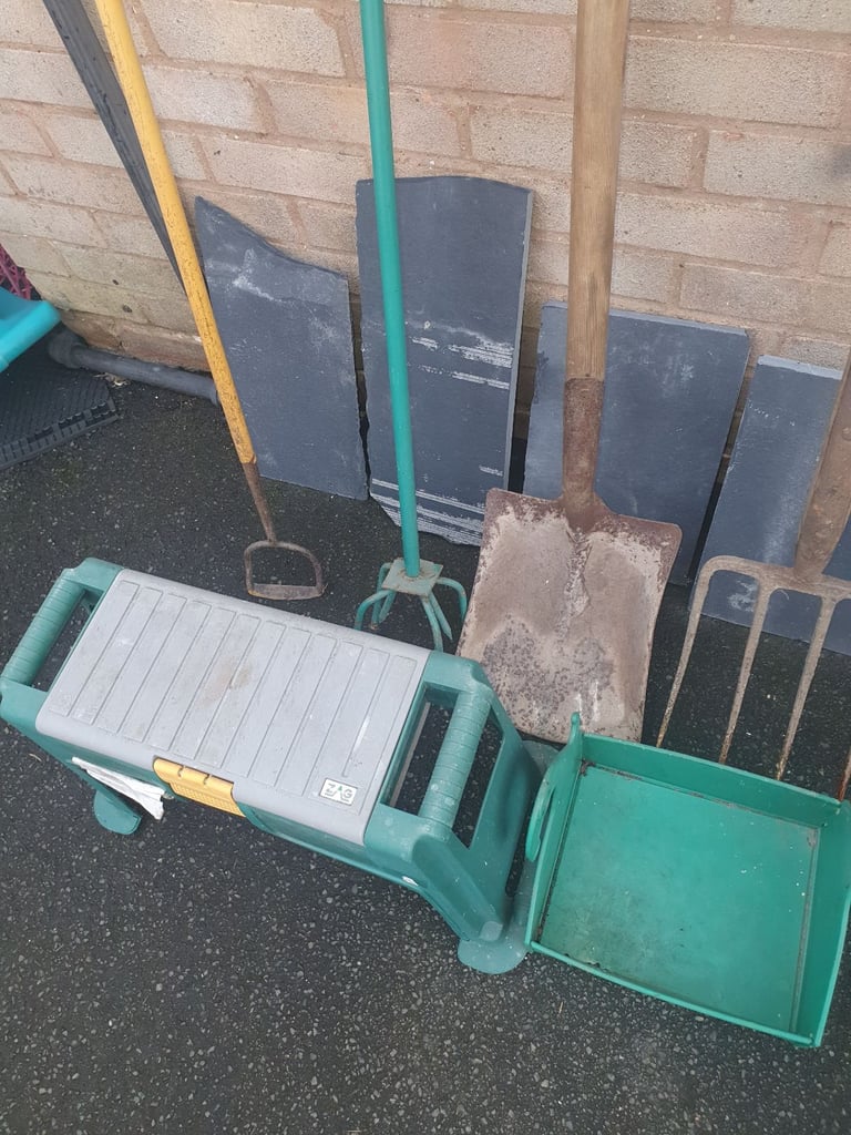Joblot Of Garden Tools - Fork, Shovel , Hoe, Rotivator, Rake, Cutters , Kneeling Box & Tray , Decent