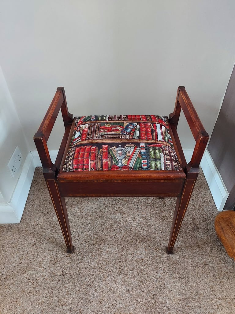 Antique Edwardian inlaid mahogany lift-top piano stool