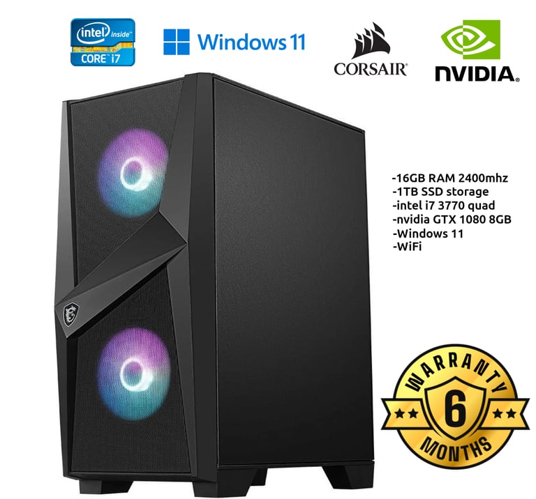 Intel i7 Quad-Core Custom Gaming PC | GTX 1080 8GB | 16GB 2400MHz | Win 11 1440p