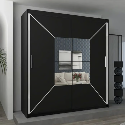 image for Brand New - Nicole Mirror Sliding Door Wardrobe - Black - SAME/NEXT DAY DELIVERY