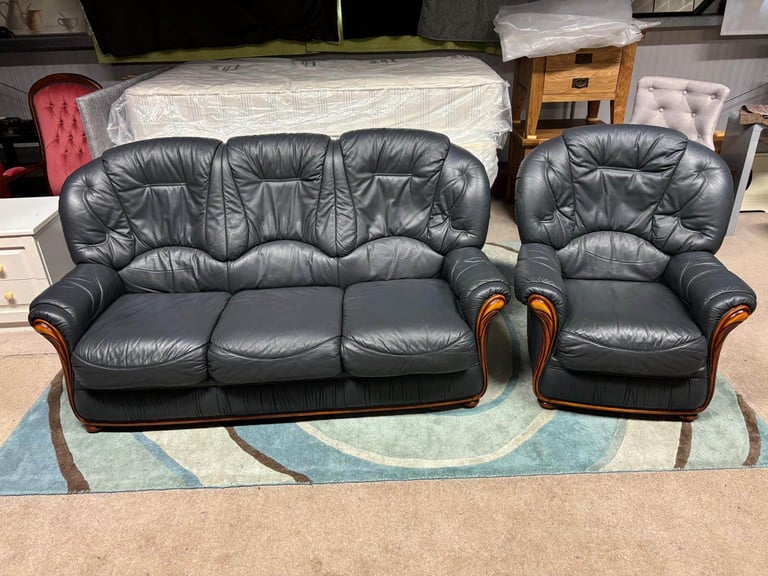 Blue Italian Leather 3 Seater Sofa and Chair excellent condition 