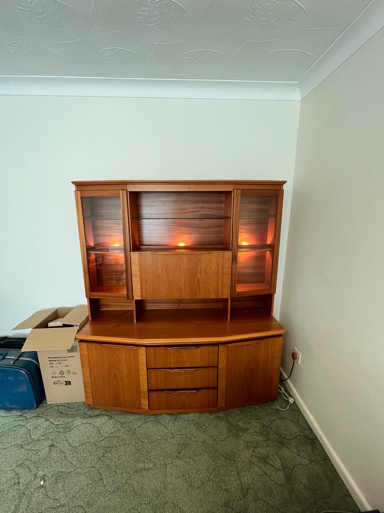 Mid-century teak veneer display cabinet with backlighting